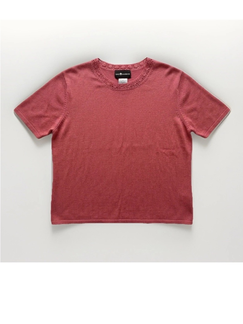 Vintage 90s Sag Harbor Pink Knit Top | Crochet Beaded Neckline | Ramie Blend XL